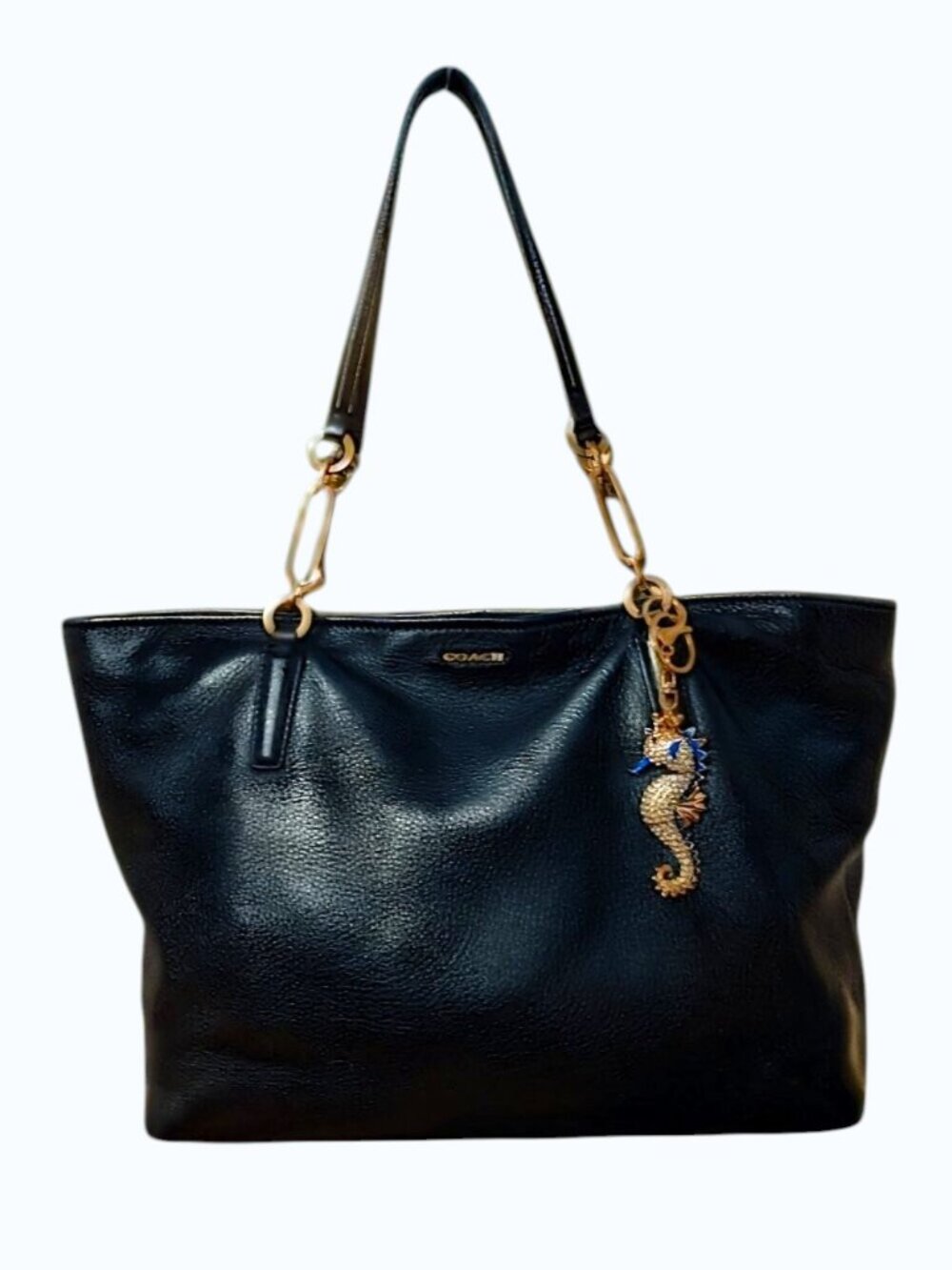Coach Black Leather East West Madison Tote with Seahorse Charm💙